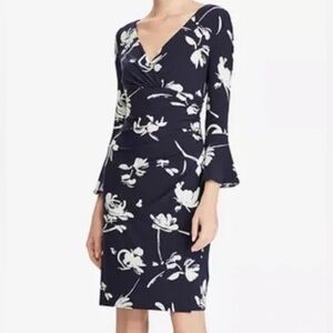 Lauren Ralph Lauren Floral Wrap Dress 10 Navy/Gray Classic Bell Sleeve Feminine